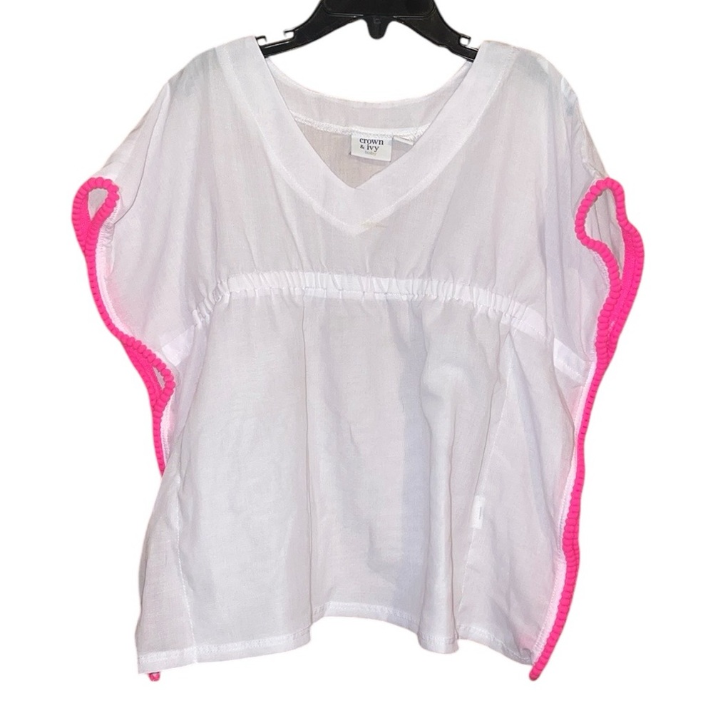 •CROWN & IVY•WHITE HOT PINK POM-POM TRIM BABY SUIT COVER UP SIZE 18-24 MONTHS